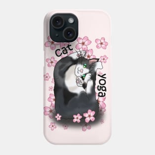 Cute cartoon black and white cat yoga pose in pink flowers Phone Case