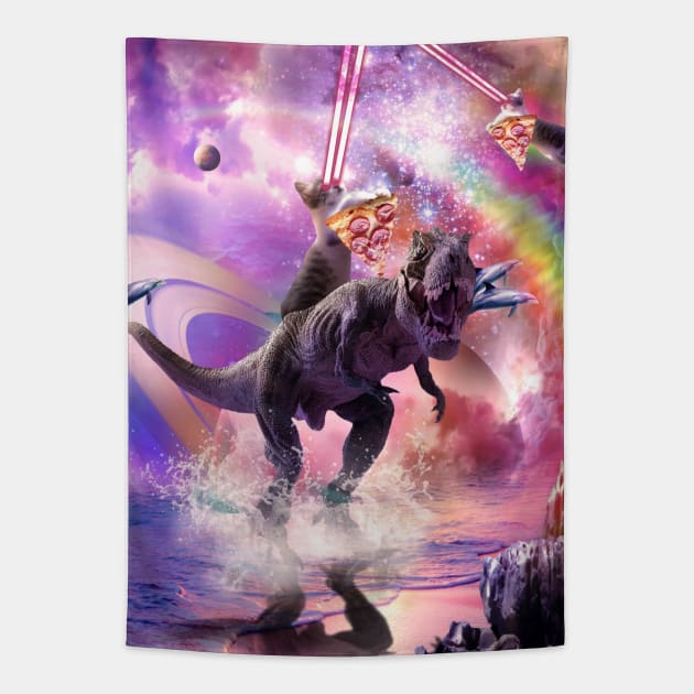 Rainbow Laser Space Cat On Dinosaur Eating Pizza Tapestry by Random Galaxy