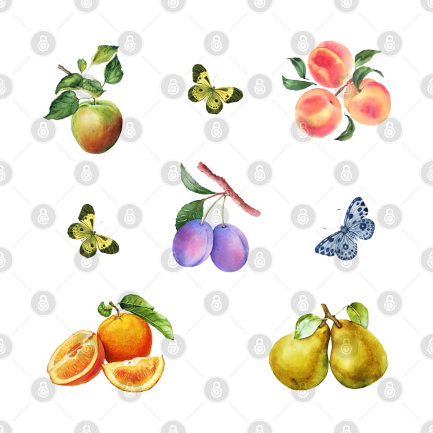 Watercolor Fruit Branches and Butterflies by silviaol