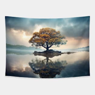 Tree In Calm Lake Serene Landscape Tapestry