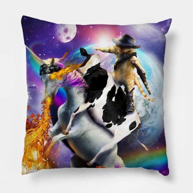 Space Galaxy Cowboy Cat On Cow Unicorn, Rainbow Fire Funny Pillow by Random Galaxy