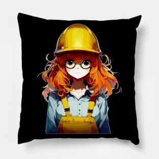 Anime Girl worker in construction helmet, hard hat Pillow