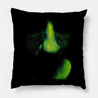 Portrait, digital collage and special processing. Close up to face, nose. Weird and dark. Green. Pillow