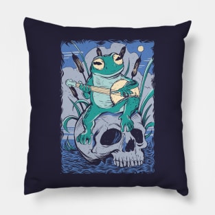 Creepy Cottage Core Banjo Frog on a Skull Pillow