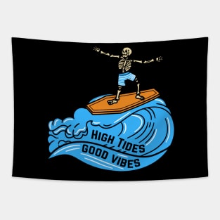 High Tide Good Vibes Skeleton Beach Party Tapestry