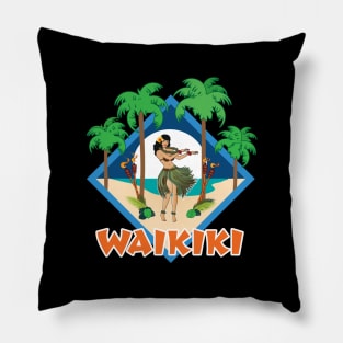 Waikiki Hula Girl with Moon ond Palms Pillow