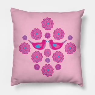 LOVELY Cute Love Birds and Big Floral Bloom Flowers in Hot Barbiecore Dark Fuchsia Pink on Light Barbie Pink - UnBlink Studio by Jackie Tahara Pillow