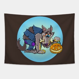 funny werewolf is holding a pumpkin lamp for Halloween Tapestry