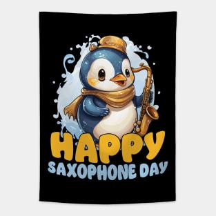 Happy Saxophone Day - Cute Penugin Tapestry