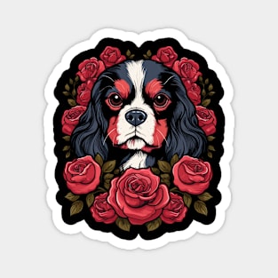King Charles Spaniel with red roses illustration Magnet