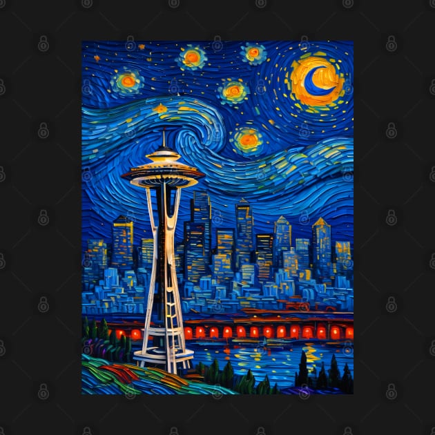 Space Needle in starry night by FUN GOGH