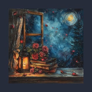 Fantasy winter starry night window T-Shirt