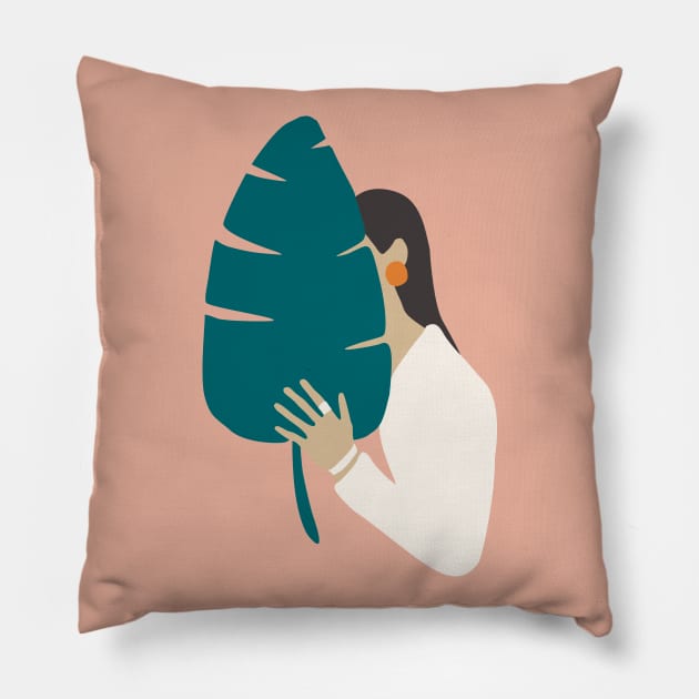 Brunette girl in white with tropical banana leaf Pillow by NOSSIKKO