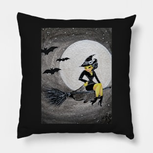 Happy Halloween Witch Sitting on a Broom Pillow