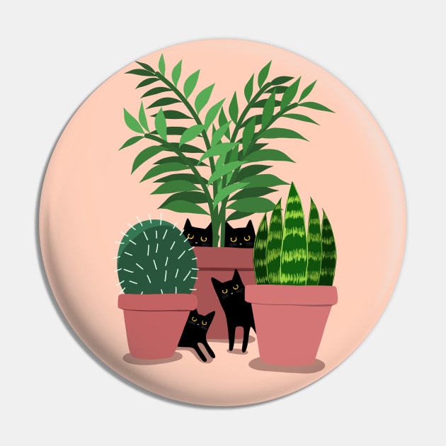 Black Cats and Potted Plants Pin by KilkennyCat Art