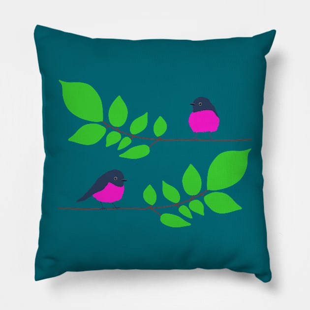 Pink robins on a tree branch Pillow by Jennifer Ladd