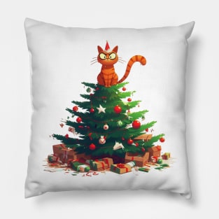 Cat Destroying Christmas Tree Illustration Pillow