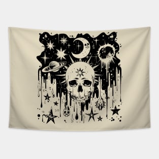 Linocut Skull on a background of space in the grunge style Tapestry