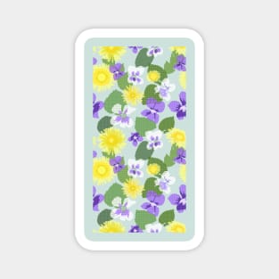 Cross-stitch Dandelions and Violets on Pale Grey Green Vertical Magnet