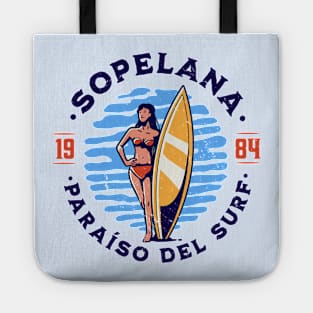 Vintage Sopelana, Spain Surfer's Paradise // Retro Surfing 1980s Badge B Tote