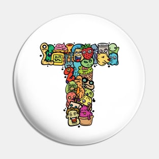 Alphabet Monster Doodle Letter T Monogram Pin