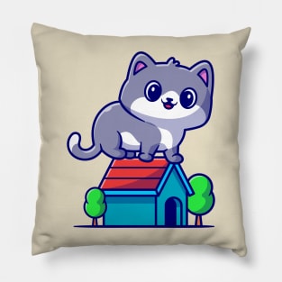 Cute Cat Sitting On House Cartoon Pillow