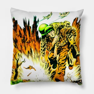 Bombs Away. Hell of Battle. Do or die. Comic Soldiers in War Radio Transmitter Bomb Explosion. Fighting Fronts. Retro Vintage Pillow