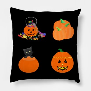 Halloween Pumpkins, Candy and Black Cat (Black Background) Pillow