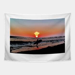 Silhouette of Surfer on Beach Tapestry