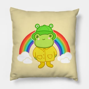 Step into a Magical World with Our Cool Frog in a Frog Hat Standing Proudly Under a Vibrant Rainbow Pillow