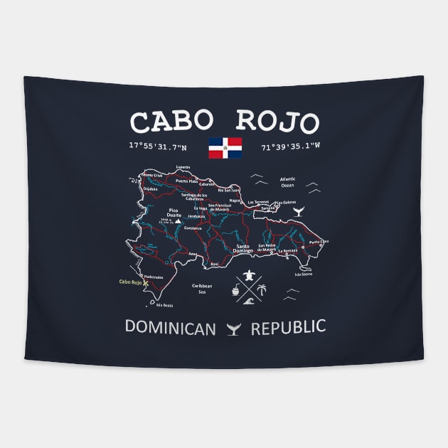 Cabo Rojo Dominican Republic Flag Travel Map Coordinates Roads Rivers and Oceans Tapestry by French Salsa