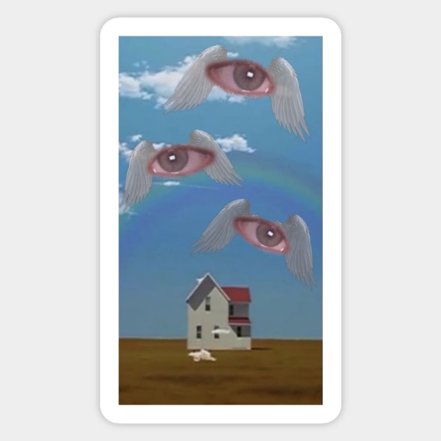 Dreamcore Eyes, Weirdcore Background - Houses with eyeballs with wings  flying