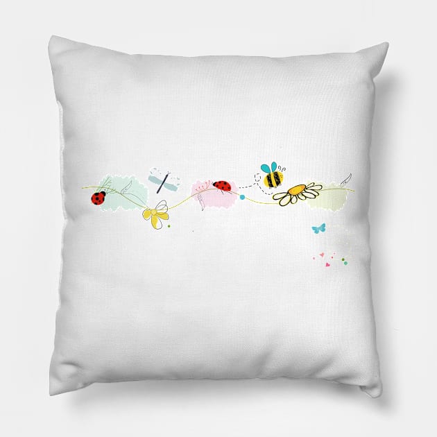 Colorful lovely spring. Butterfly, ladybug, dragonfly, bee Pillow by GULSENGUNEL