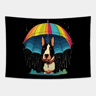 Bull Terrier Rainy Day With Umbrella Tapestry