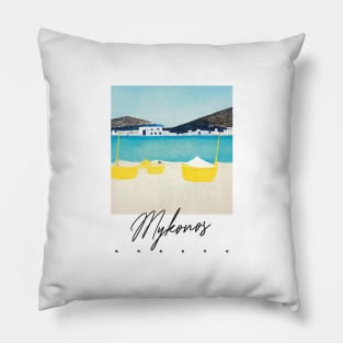 Mykonos Beach Travel Poster Greece Retro Wall Art Illustration Pillow