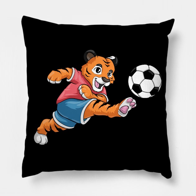 Tiger as soccer player with soccer ball Pillow by Markus Schnabel