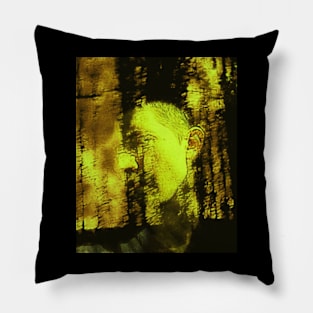 Portrait, digital collage and special processing. Masterpiece. Man looking to car window, reflection. Autumn, bright yellow sun. Pillow