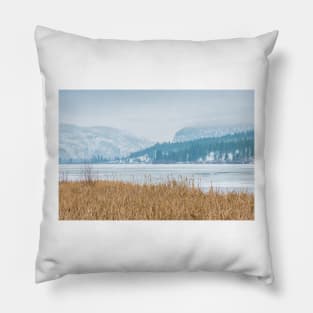 Frozen Winter Lake and Forest Landscape Pillow