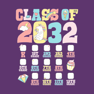 Cute Unicorn Graduation Class of 2032 Grow with Me Checklist T-Shirt