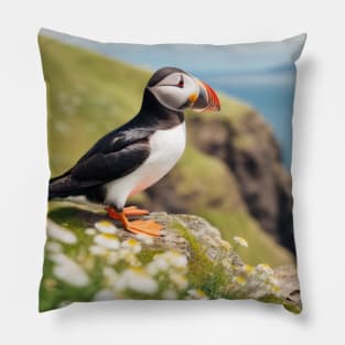 Puffin Animal Bird Wildlife Wilderness Colorful Realistic Illustration Pillow
