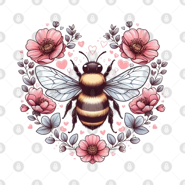 A buzzing bee surrounded by heart-shaped flowers, Bee My Valentine by StyleTops