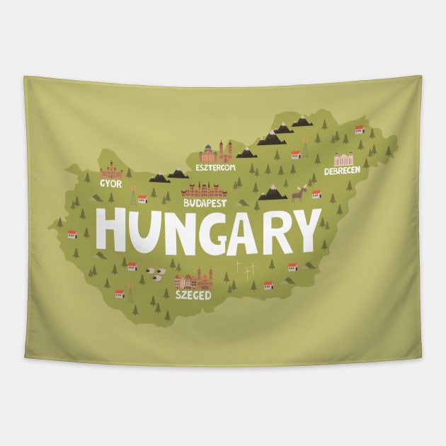 Hungary Illustrated Map Tapestry by JunkyDotCom