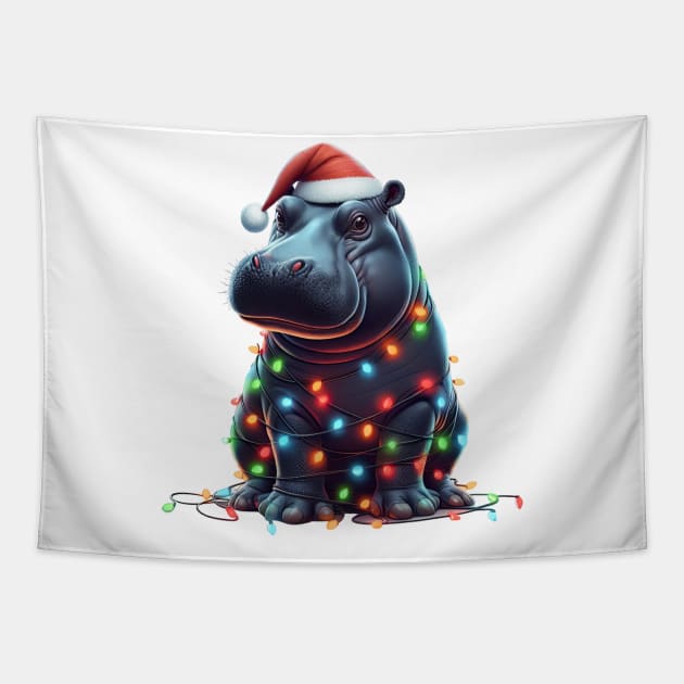 Hippo Wrapped in Christmas Lights Tapestry by Chromatic Fusion Studio