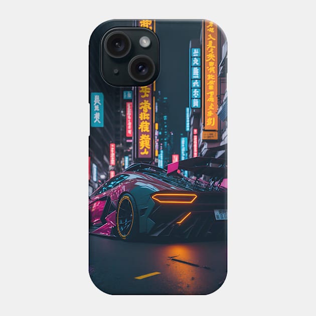 Dark Neon Sports Car in Japanese Neon City Phone Case by star trek fanart and more