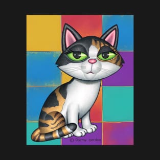 Cute Calico Kitty with Multi Colored Squares T-Shirt