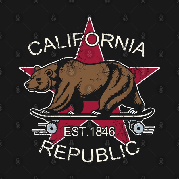 California Republic Flag Bear Skateboarding Retro Fade by E