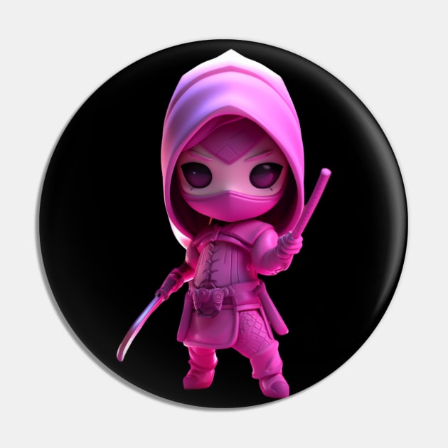 Pink Ninja Goddess: 3D Cartoon Art Depicting a Warrior Assassin in Black and White Pin by YUED