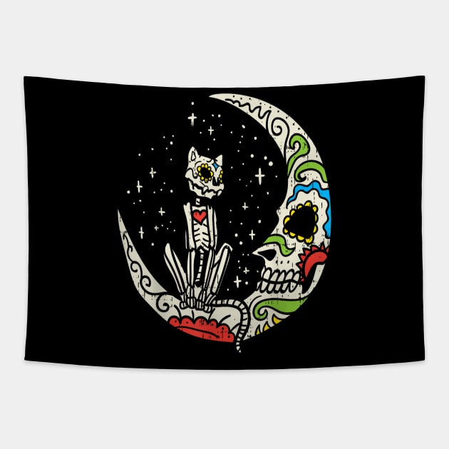 Sugar Skull Moon Cat Mexican Day of Dead Dia De Los Muertos Tapestry by rhazi mode plagget