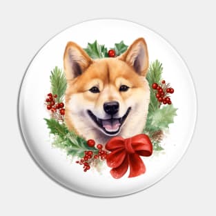 Christmas Shiba Inu Dog Wreath Pin