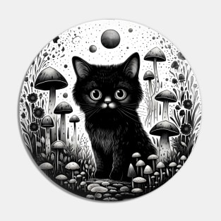 Black cat mushroom field Pin